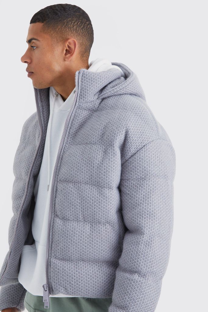 Men's Heavyweight Brushed Knit Quilted Puffer With Hood - Grey - S, Grey
