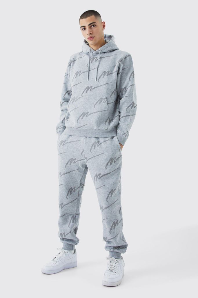 Men's Man Signature All Over Print Hoodie Tracksuit - Grey - S, Grey