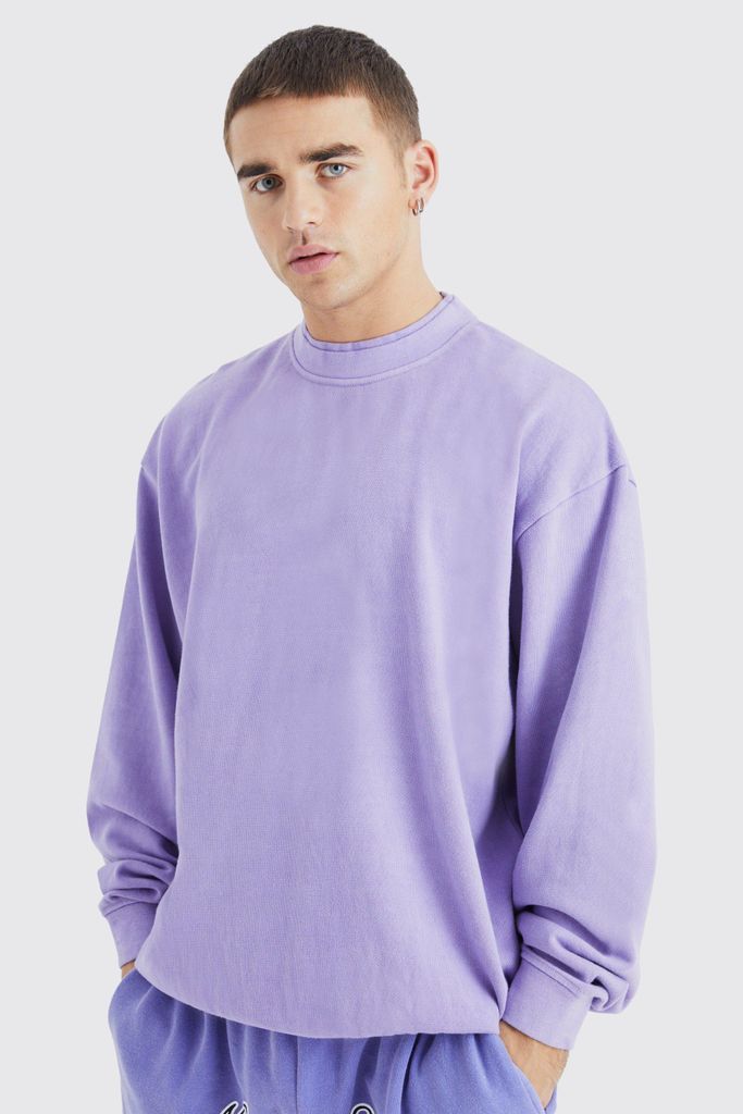 Men's Oversized Heavy Washed Double Neck Sweatshirt - Purple - S, Purple