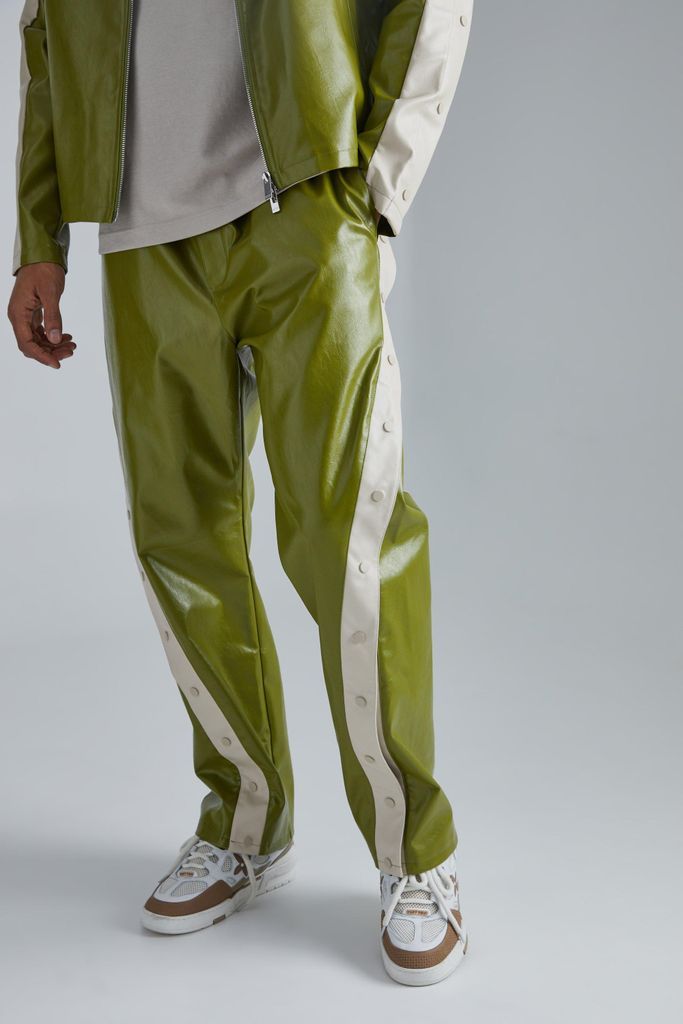 Men's Pu Elasticated Waist Relaxed Twisted Seam Popper Trouser - Green - S, Green