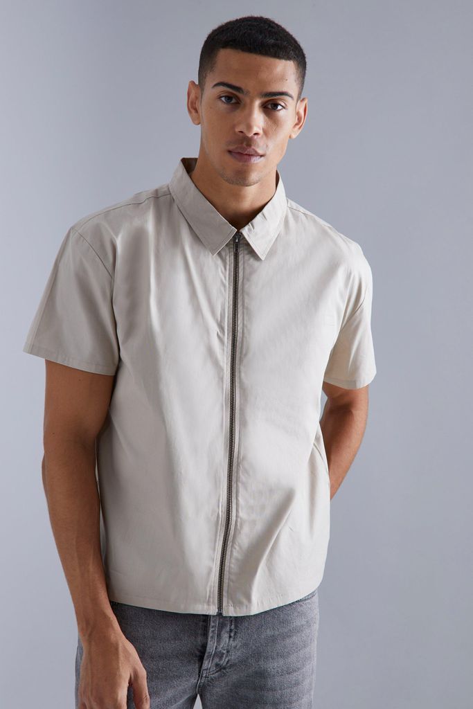 Men's Short Sleeve Boxy Zip Shirt - Beige - S, Beige
