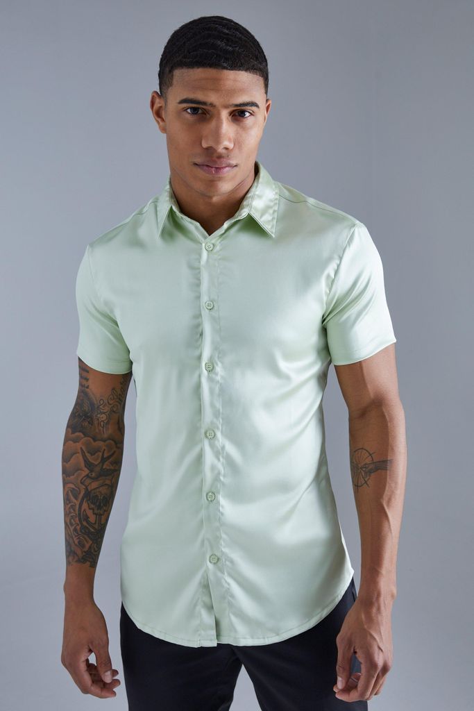 Men's Short Sleeve Muscle Satin Shirt - Green - S, Green