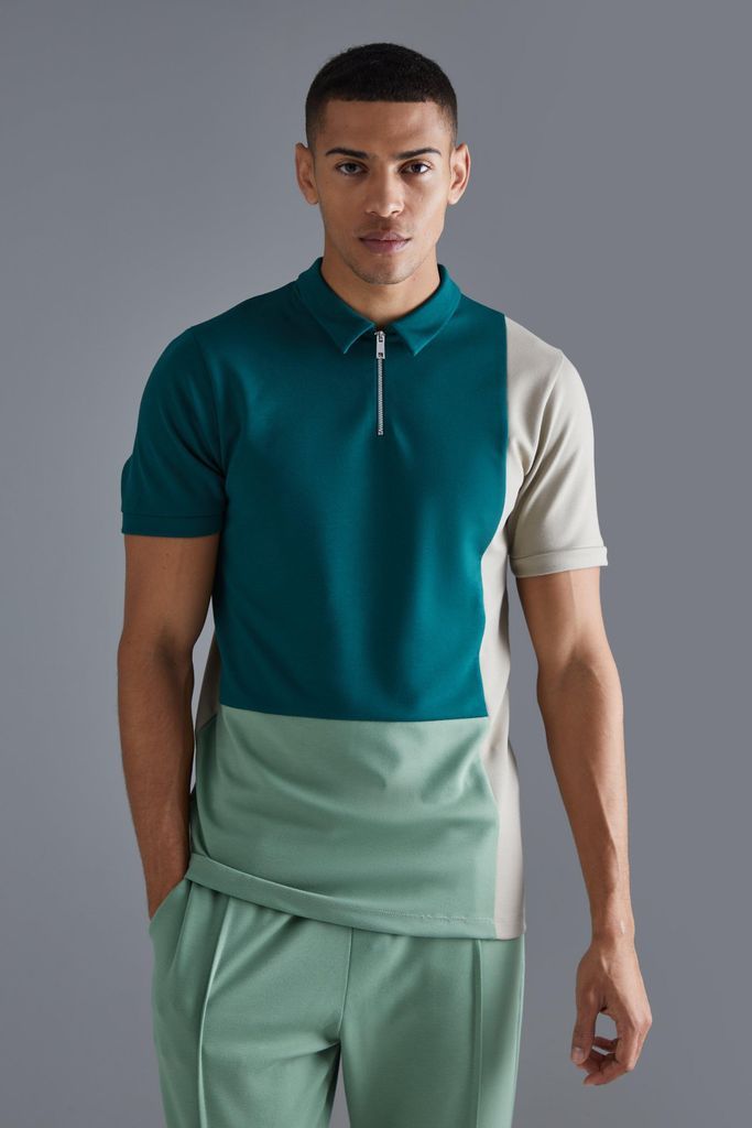 Men's Slim Colour Block 1/4 Zip Short Sleeve Polo - Green - S, Green
