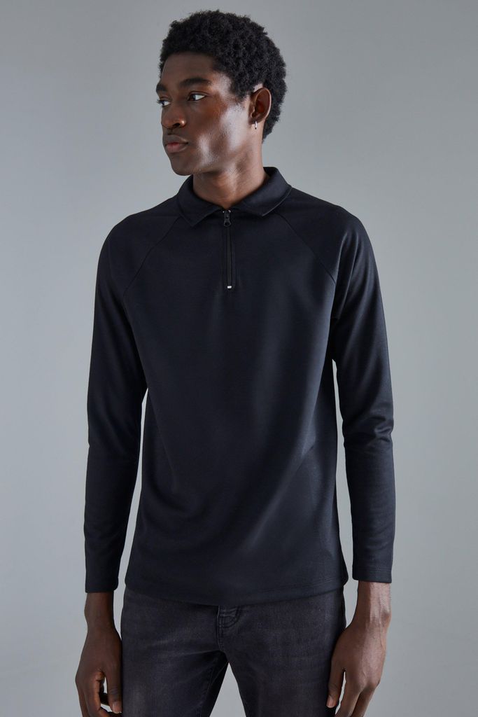 Men's Slim Raglan Long Sleeve Interlock Polo - Black - S, Black