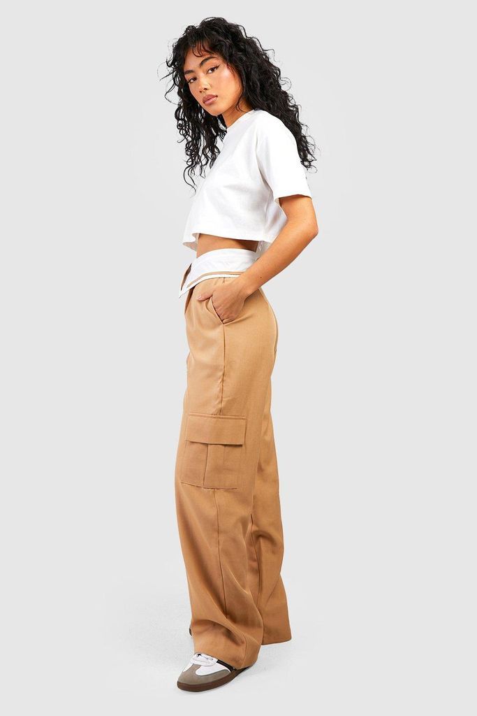 Womens Foldover Waistband Tailored Trousers - Beige - 6, Beige