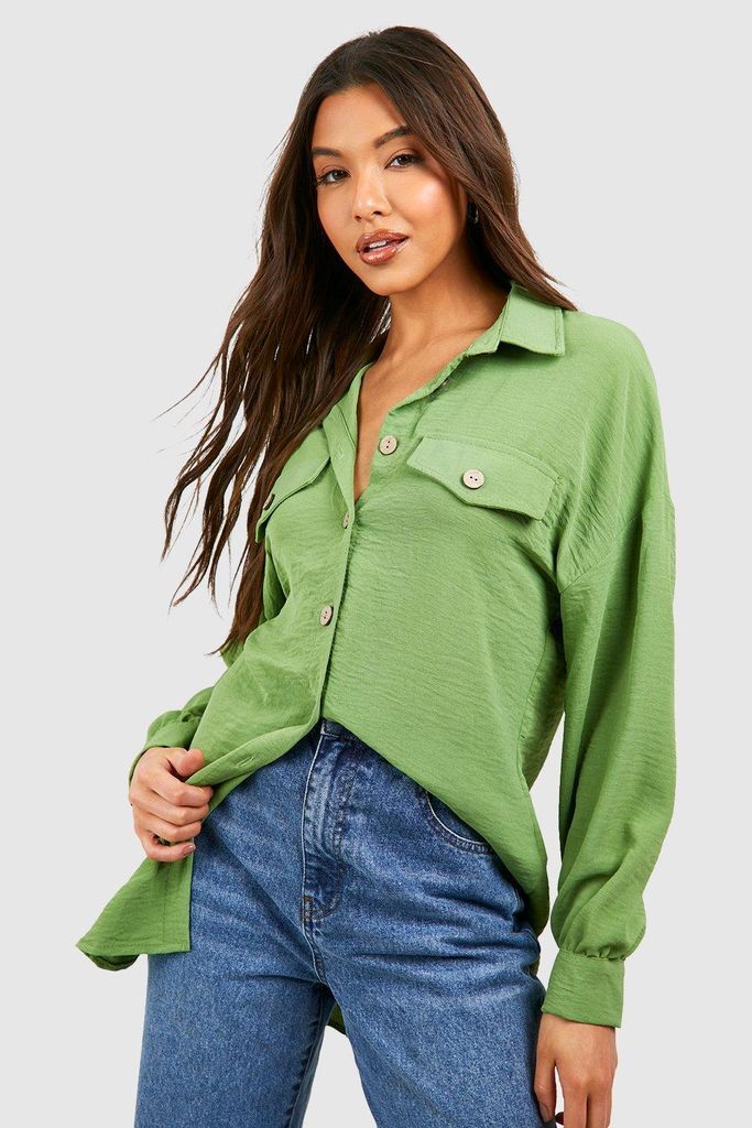 Womens Hammered Contrast Button Relaxed Fit Shirt - Green - 8, Green