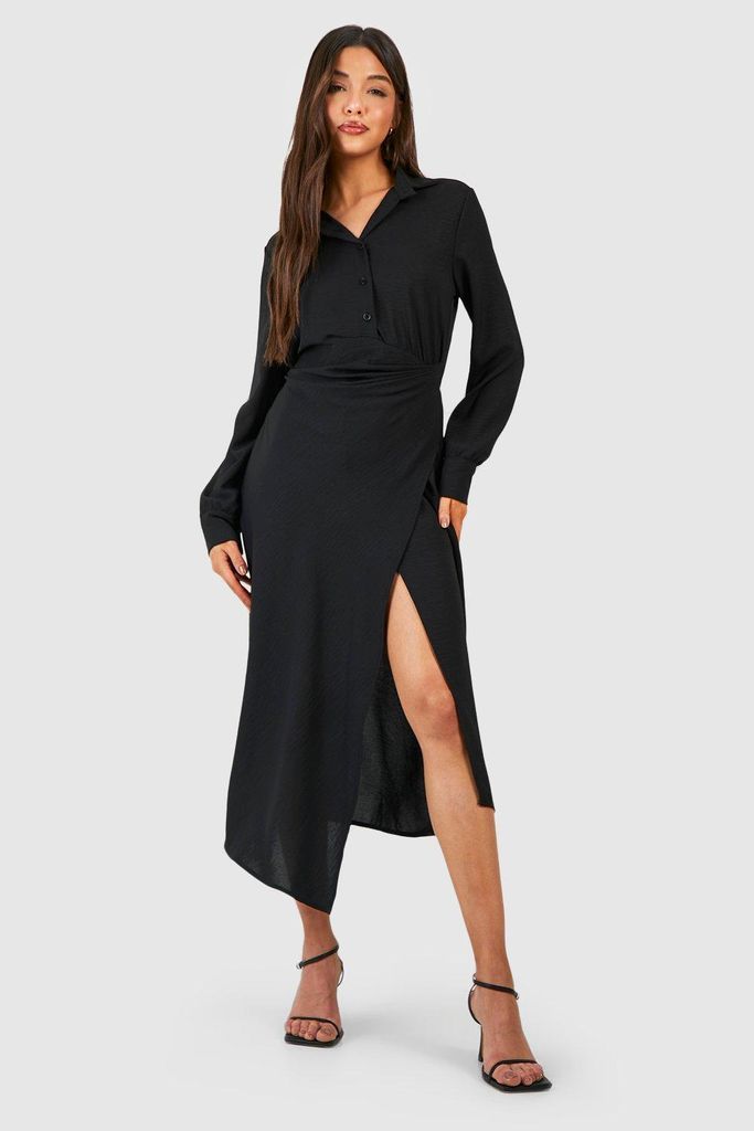 Womens Hammered Wrap Front Ruched Side Shirt Dress - Black - 6, Black