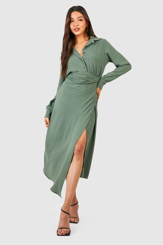 Womens Hammered Wrap Front Ruched Side Shirt Dress - Green - 6, Green