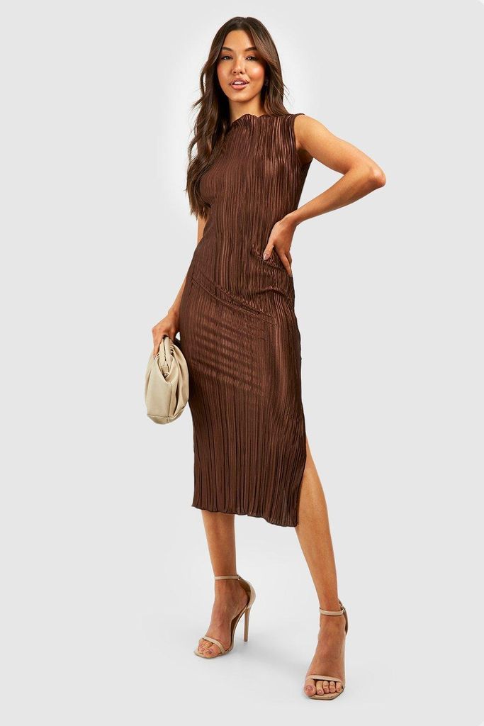 Womens Plisse Sleeveless Midaxi Dress - Brown - 8, Brown