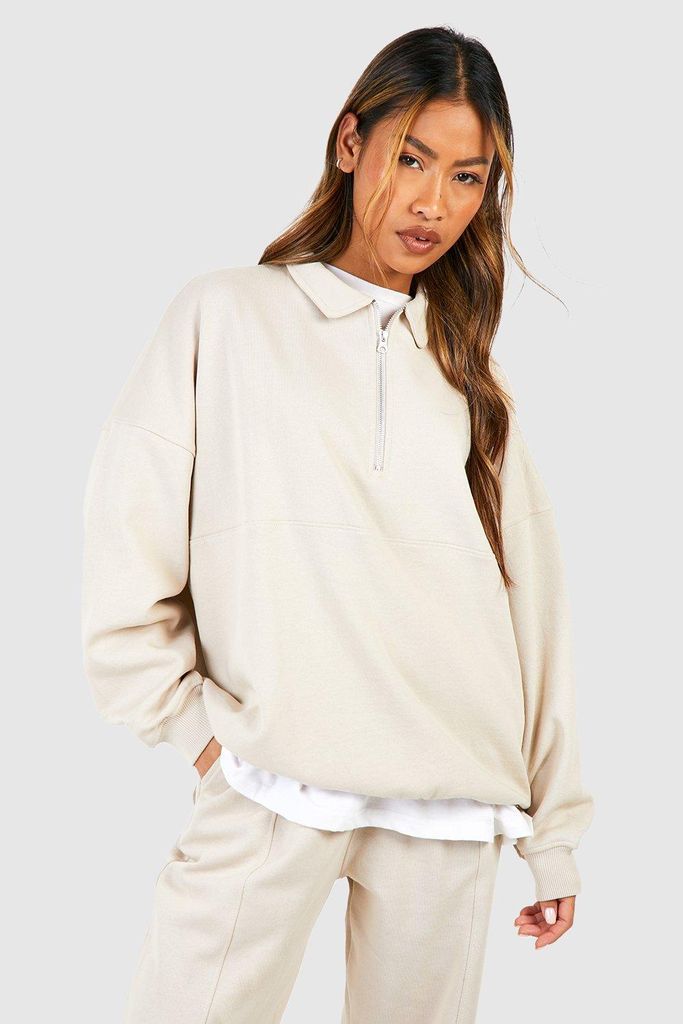 Womens Premium Seam Detail Collared Oversized Sweatshirt - Beige - S, Beige