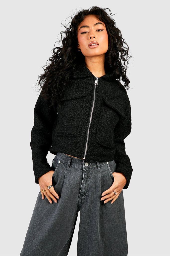 Womens Textured Pocket Detail Jacket - Black - 8, Black