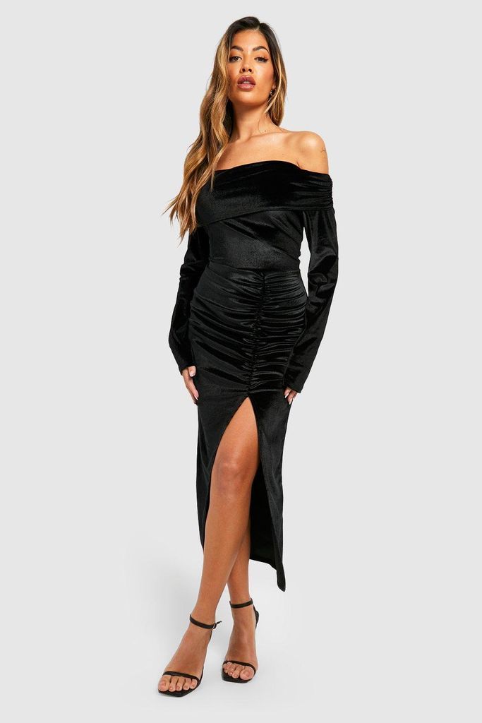 Womens Velvet Bardot Bodycon Midaxi Dress - Black - 8, Black