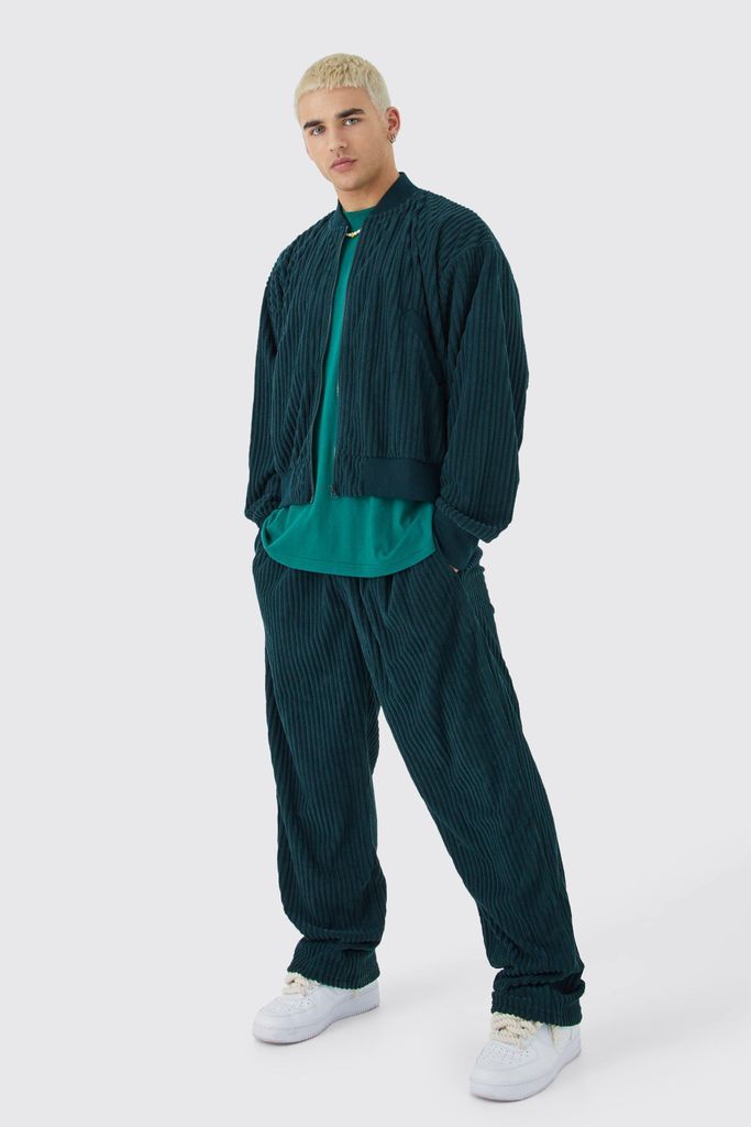 Men's Chenille Rib Boxy Bomber Jacket & Relaxed Waist Trouser Set - Green - S, Green