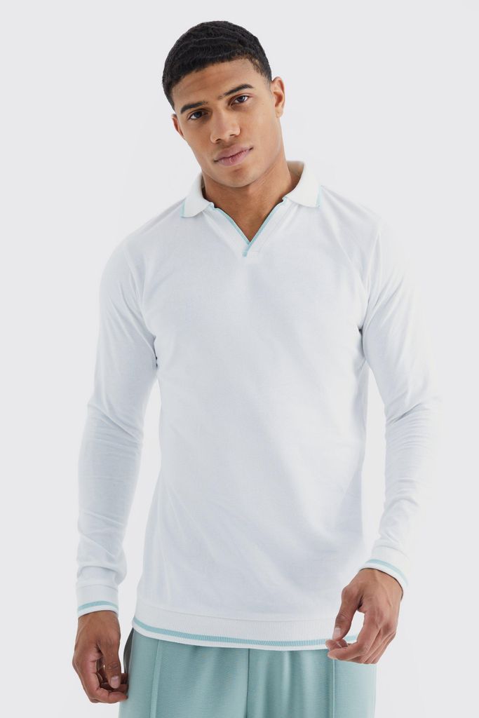 Men's Long Sleeve V Neck Polo - White - S, White
