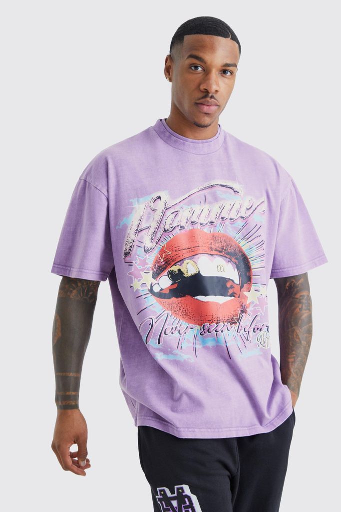 Men's Oversized Washed Graphic Double Neck T-Shirt - Purple - S, Purple