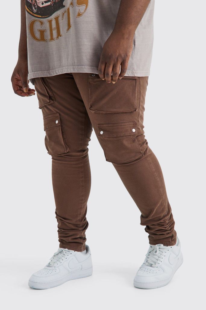 Men's Plus Fixed Waist Skinny Multi Cargo Pocket Trouser - Brown - 38, Brown