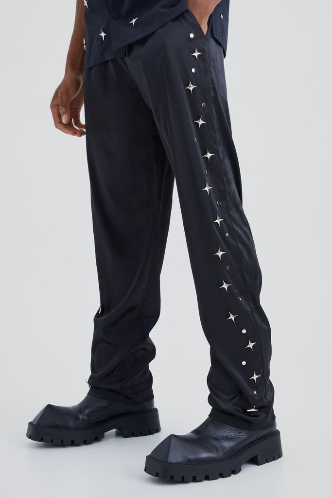 Men's Satin Straight Leg Trouser With Embellishment - Black - S, Black