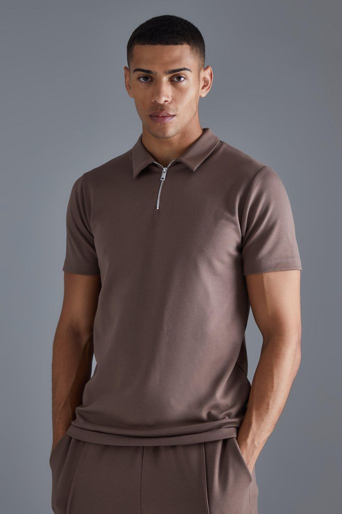 Men's Slim 1/4 Zip Short Sleeve Polo - Brown - S, Brown