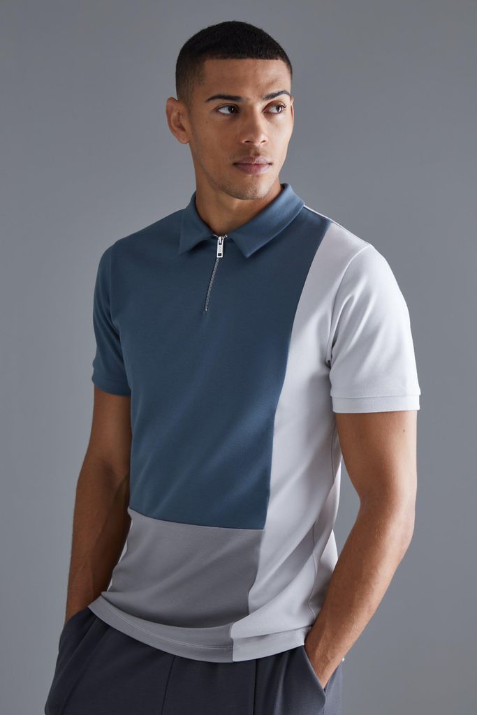 Men's Slim Colour Block 1/4 Zip Short Sleeve Polo - Grey - S, Grey