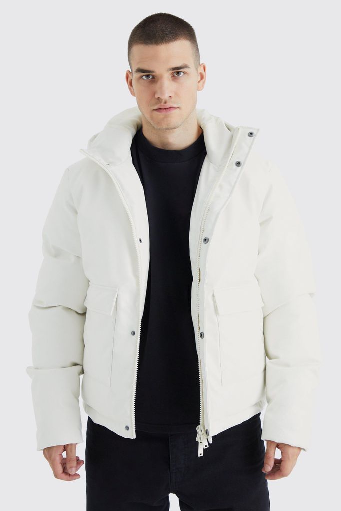 Men's Tall Boxy Pu Hooded Puffer With Pockets - Cream - S, Cream