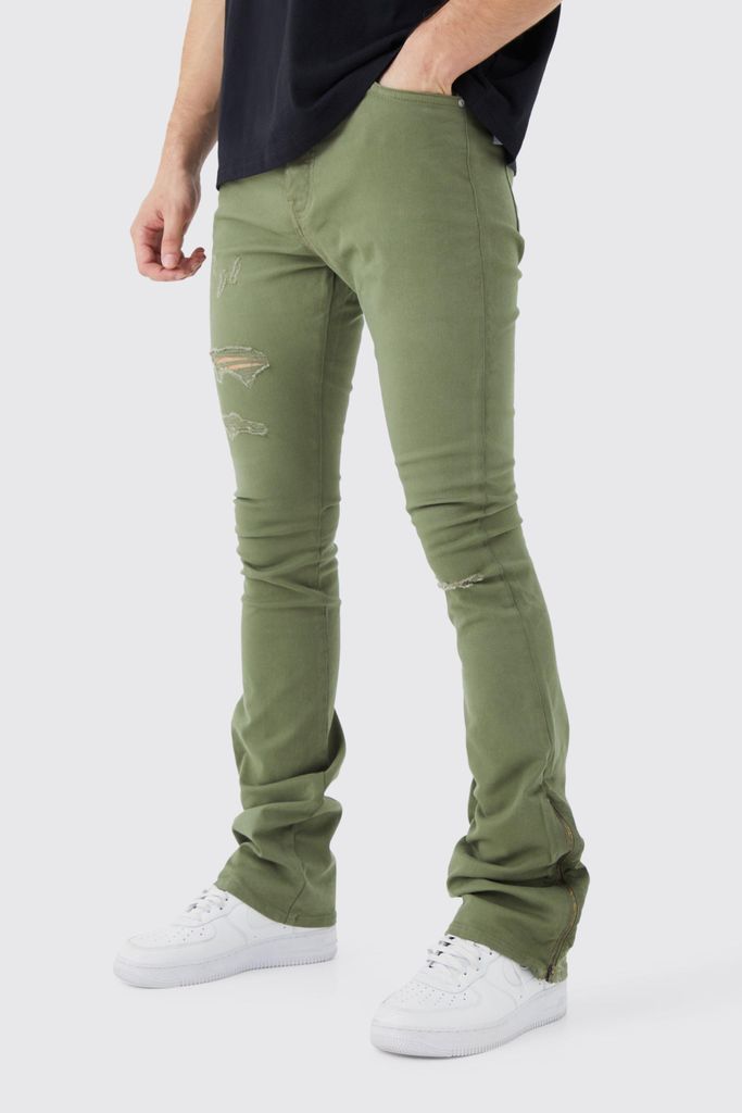 Men's Tall Fixed Waist Rip And Repair Zip Gusset Trouser - Green - 30, Green