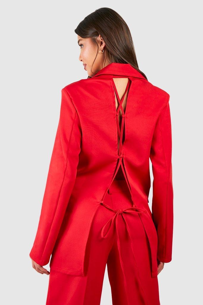 Womens Lace Up Open Back Double Breasted Blazer - Red - 6, Red