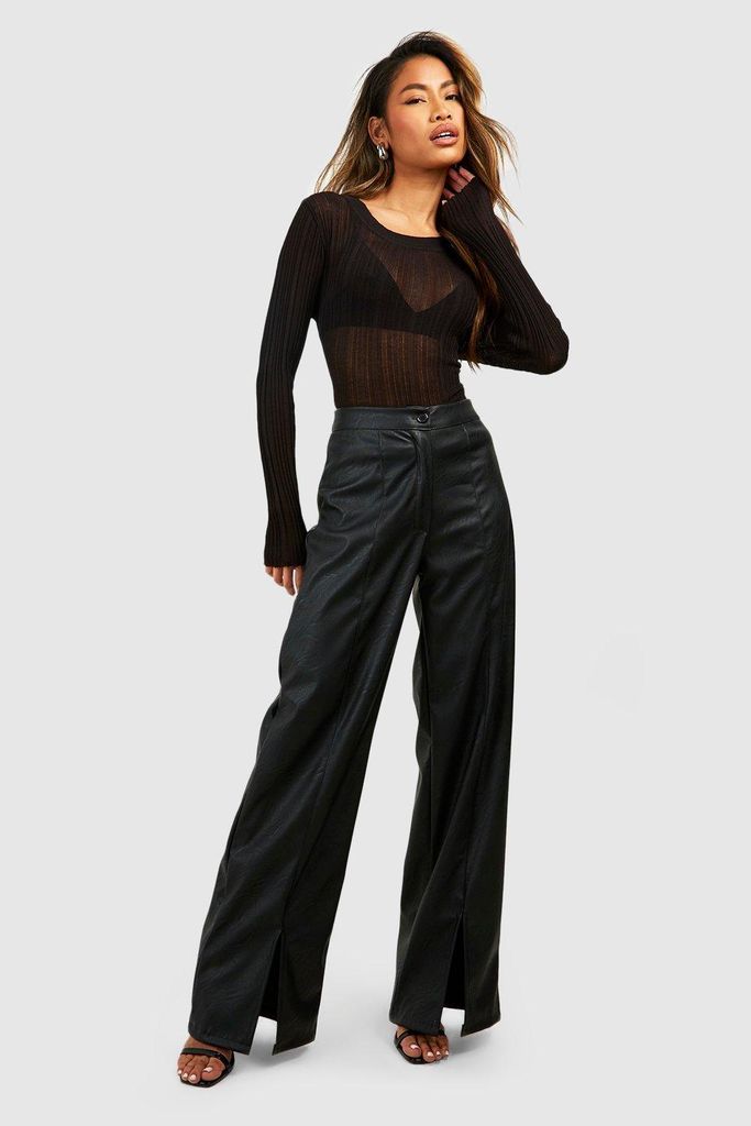 Womens Leather Look Split Hem Straight Leg Trouser - Black - 6, Black