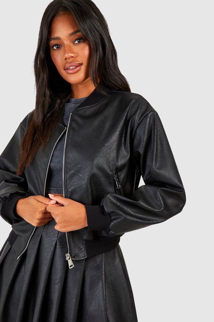 Womens Leather Look Zip Detail Bomber - Black - 6, Black