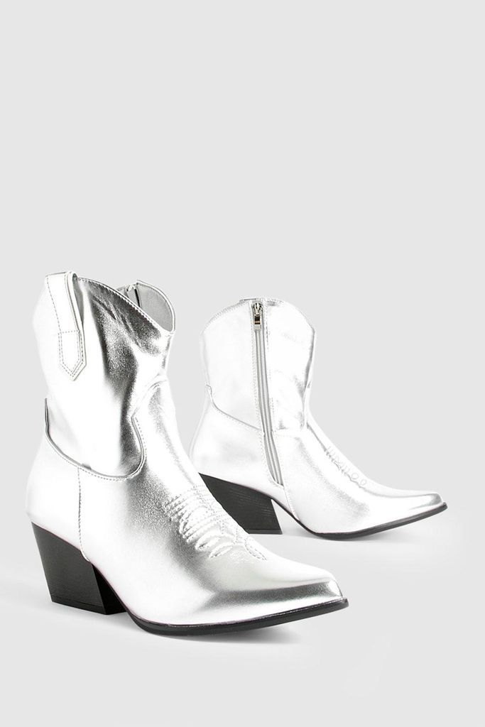 Womens Metallic Ankle Western Cowboy Boots - Grey - 3, Grey