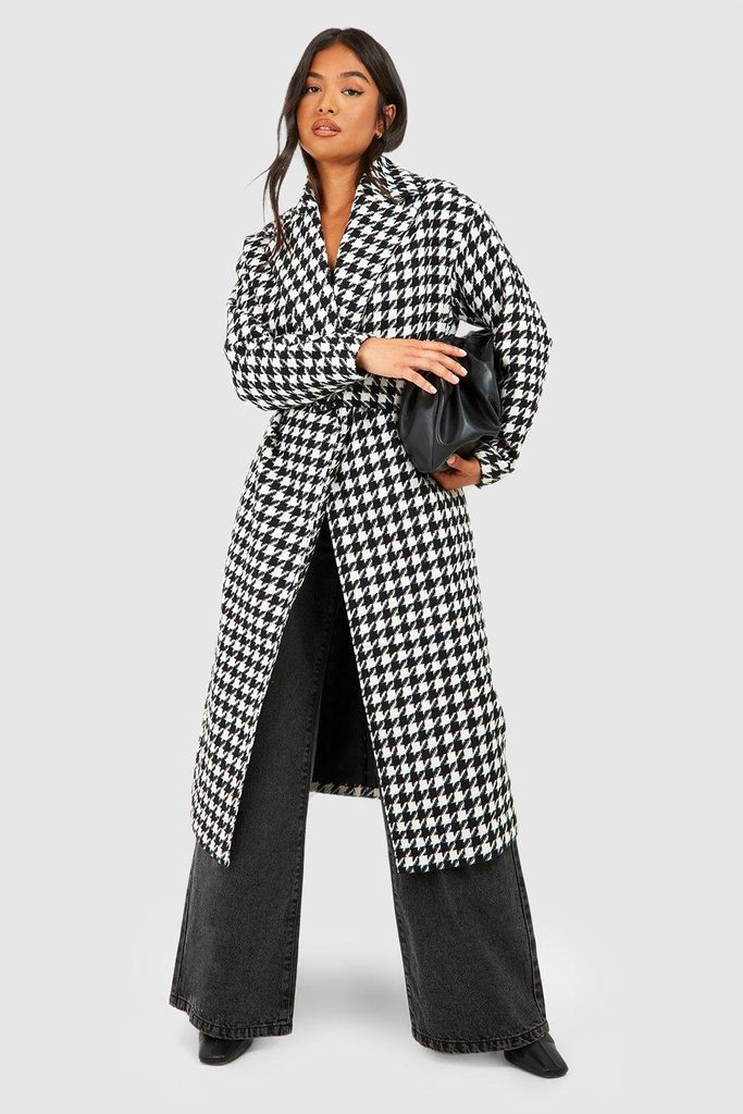 Womens Petite Dogtooth Belted Wool Look Trench - Black - 6, Black