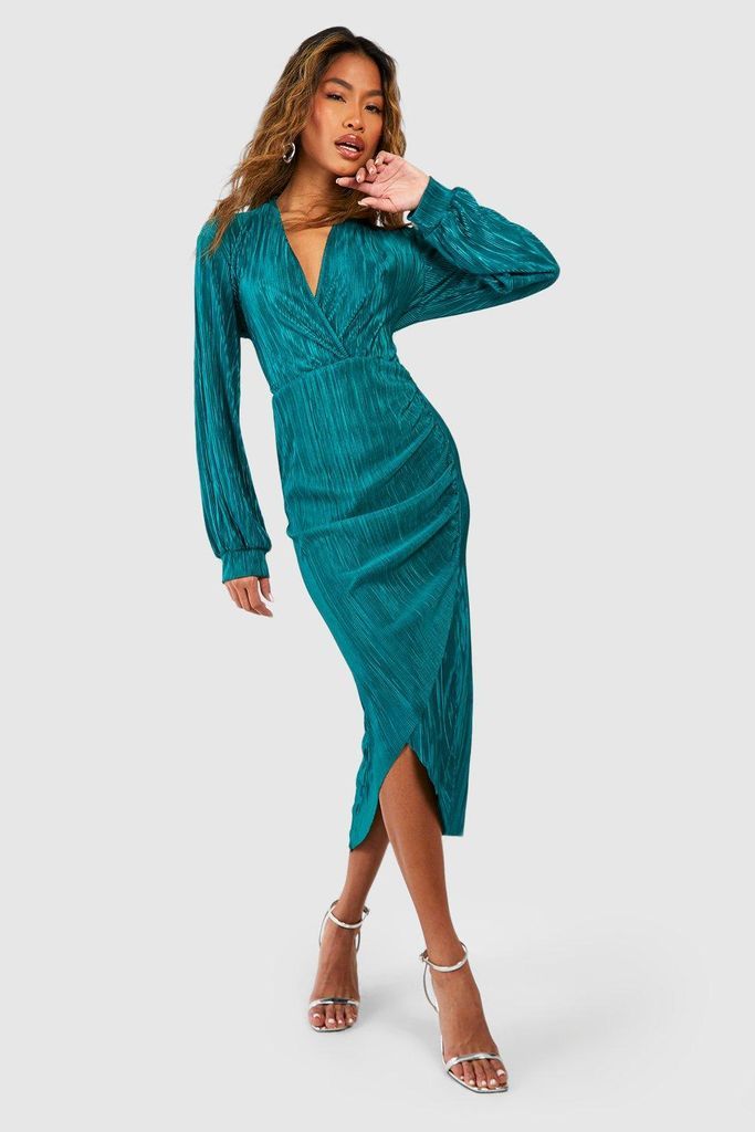 Womens Plisse Wrap Midi Dress - Green - 8, Green
