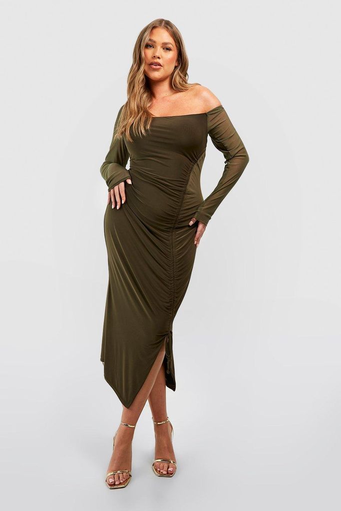 Womens Plus Double Slinky Ruched Midi Dress - Green - 16, Green