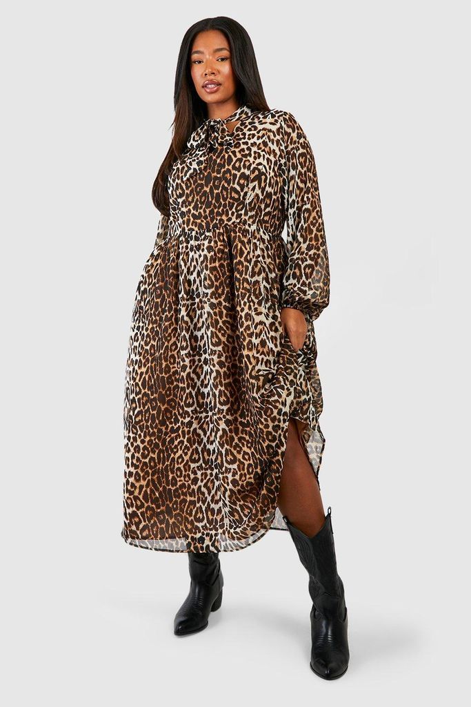 Womens Plus Lepard Chiffon Pussybow Midiaxi Dress - Multi - 16, Multi