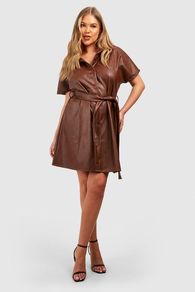 Womens Plus Pu Belted Shirt Dress - Brown - 16, Brown