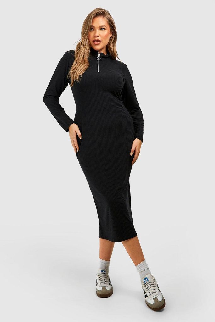Womens Plus Soft Rib Zip Midi Dress - Black - 16, Black