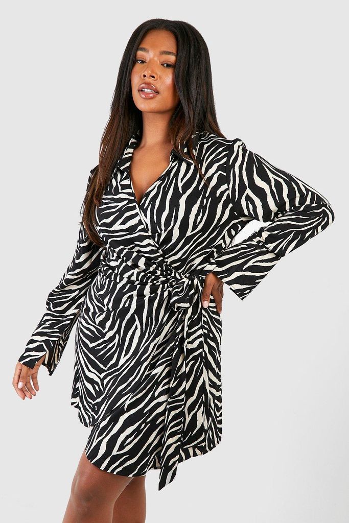 Womens Plus Zebra Print Wrapped Dress - Black - 16, Black