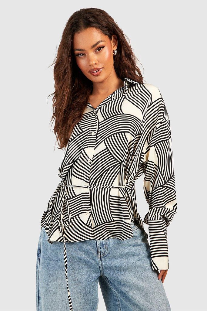 Womens Satin Geo Stripe Deep Cuff Shirt - Black - 6, Black