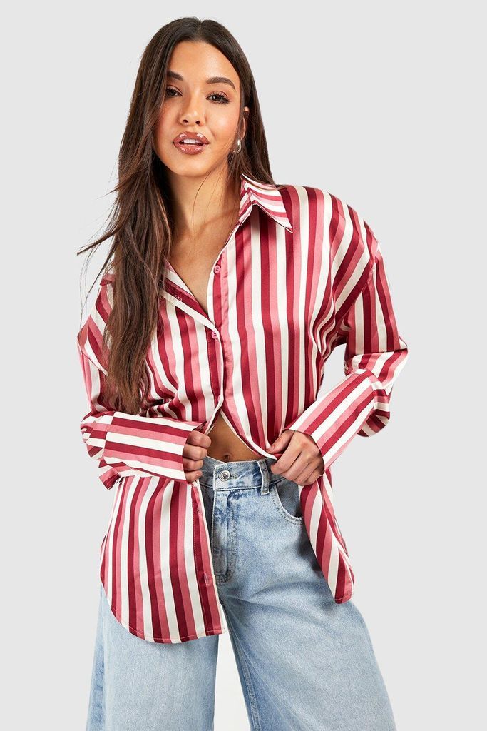 Womens Satin Stripe Deep Cuff Shirt - Pink - 6, Pink