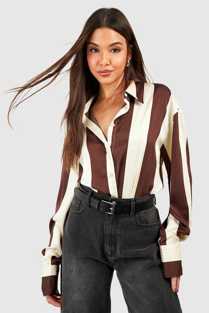 Womens Satin Wide Stripe Shirt - Brown - 6, Brown