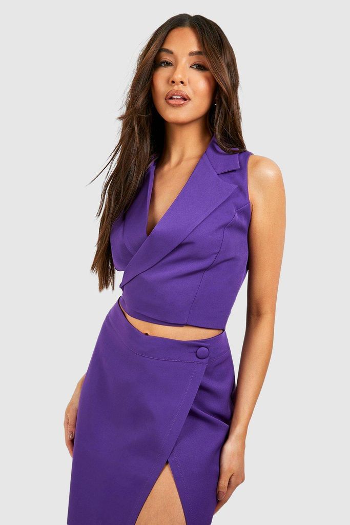 Womens Wrap Front Cropped Waistcoat - Purple - 6, Purple