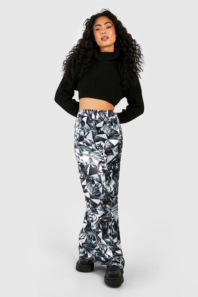 Womens Abstract Printed Satin Maxi Skirt - Black - 6, Black