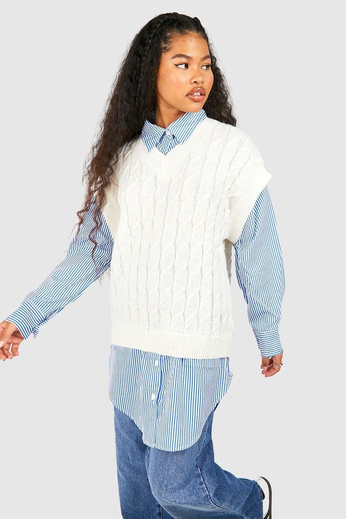 Womens Petite Cable Knit Mock Layer Shirt - Blue - S, Blue