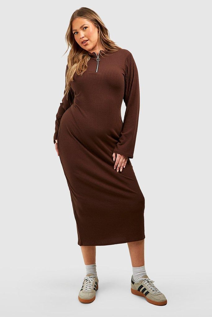 Womens Plus Soft Rib Zip Midi Dress - Brown - 16, Brown
