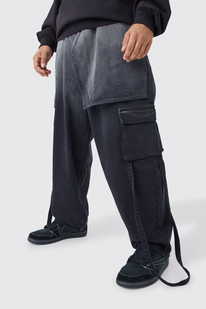 Men's Elastic Waist Dropped Crotch Baggy Ombre Jeans - Black - 28R, Black