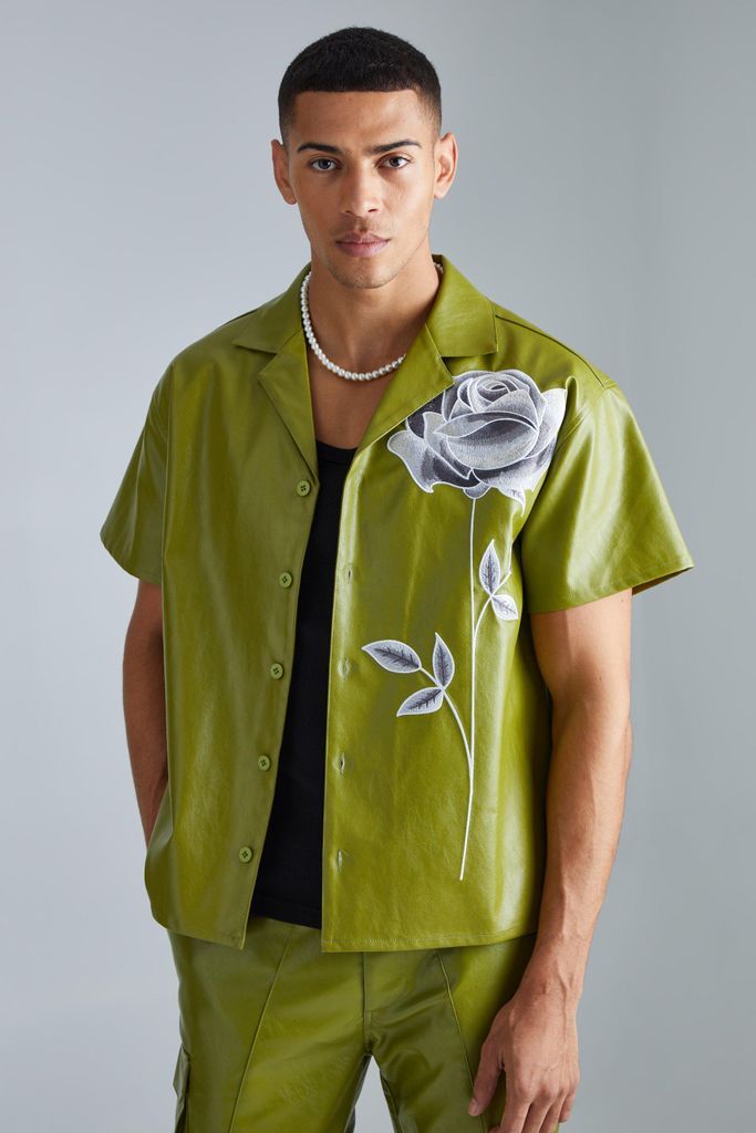 Men's Pu Short Sleeve Boxy Embroidered Shirt - Green - S, Green