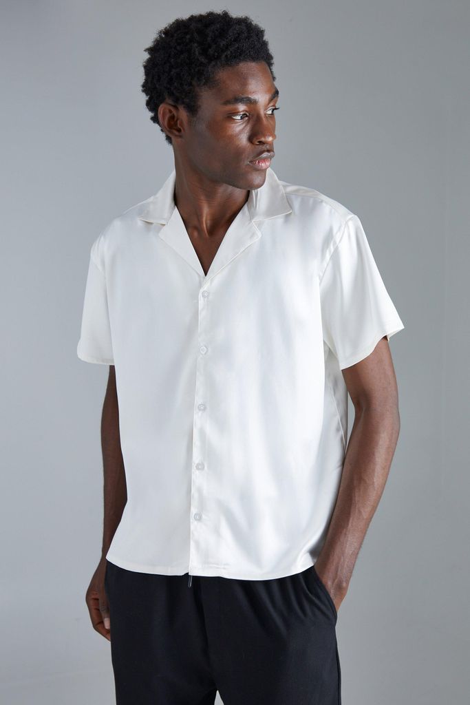 Men's Short Sleeve Boxy Satin Shirt - White - S, White