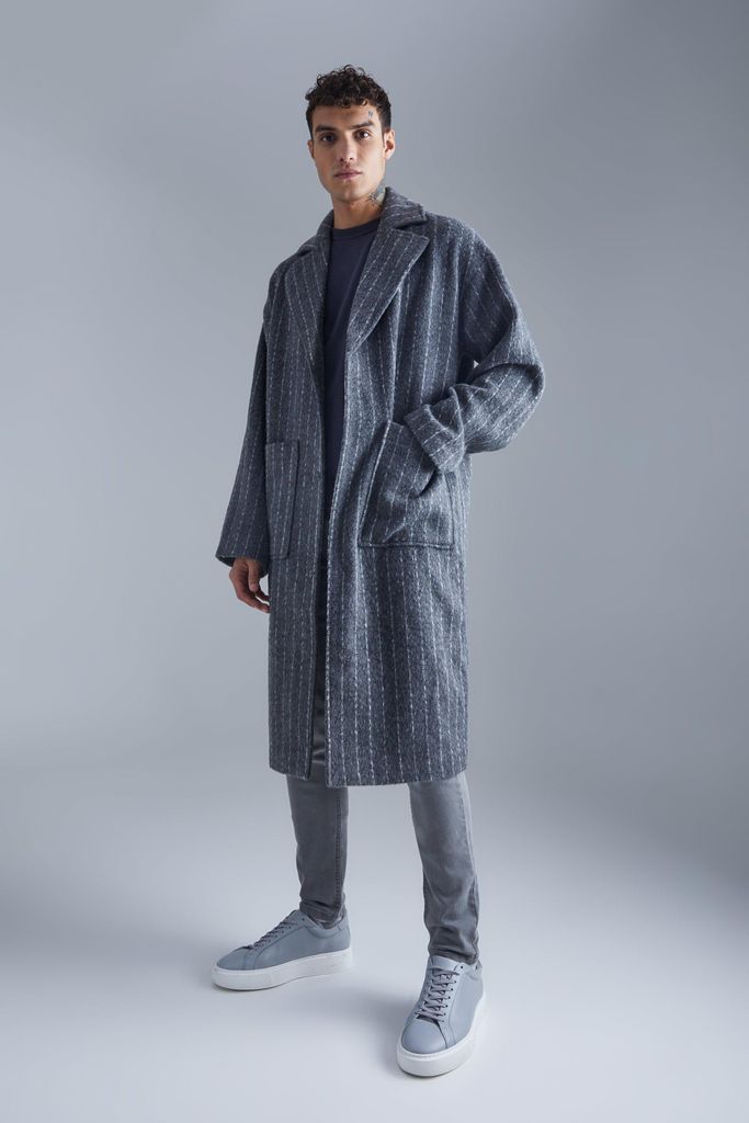 Men's Single Breasted Brushed Stripe Overcoat - Grey - S, Grey