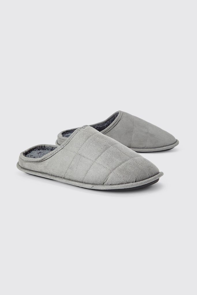 Men's Velour Quilted Slippers - Grey - S, Grey