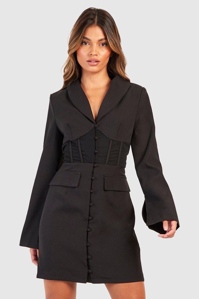 Womens Fitted Corset Waist Tailored Blazer Dress - Black - 6, Black