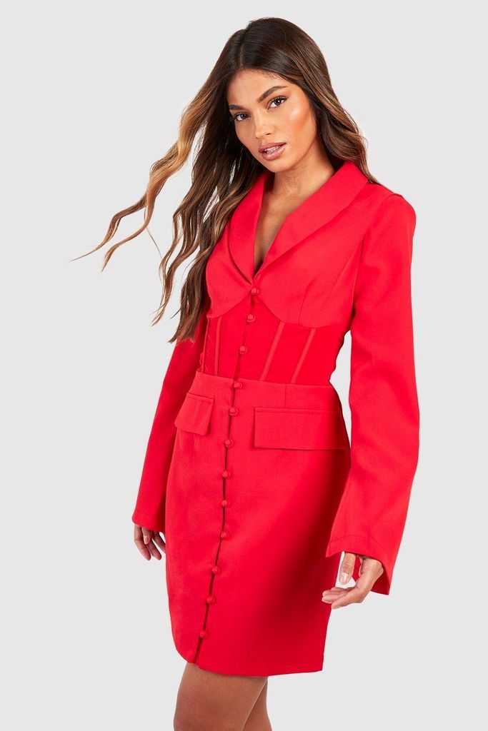 Womens Fitted Corset Waist Tailored Blazer Dress - 6, Red